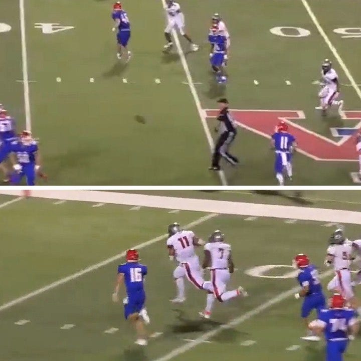 The ball hit the ref and the defense returned it for a touchdown (via