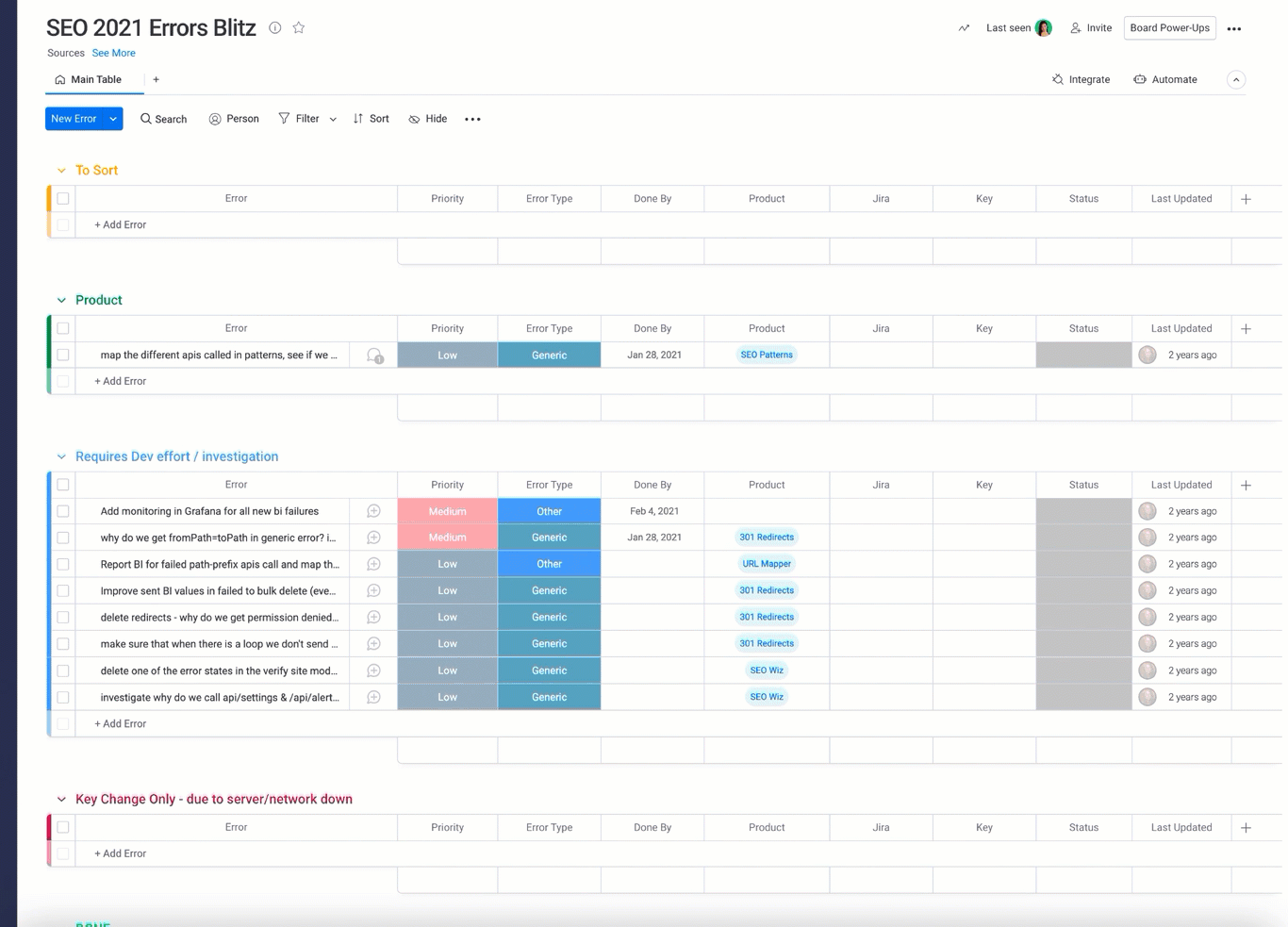 A scrolling GIF of a Monday.com board (task management system) that shows different kinds of errors, their priorities, what type of error, and a due date.