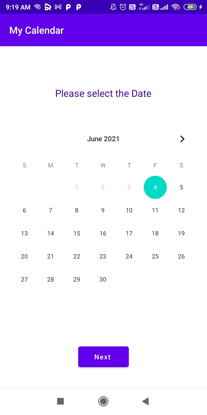 Disable the previous date in calendar view in Android Kotlin by