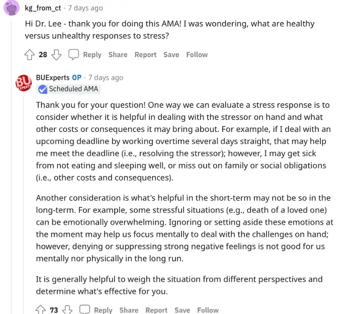 Screenshot of Reddit AMA with user kg_from_ct asking "what are healthy versus unhealthy responses to stress?". Lewina Lee (using the BUExperts login) answering the question.