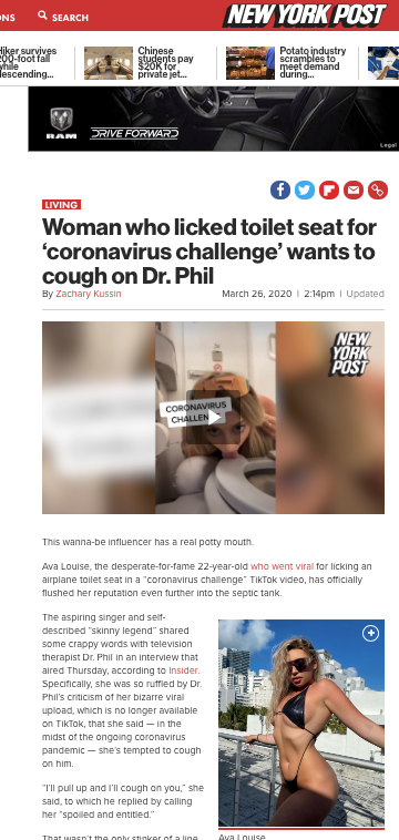 https://nypost.com/2020/03/26/woman-who-licked-toilet-seat-for-coronavirus-challenge-wants-to-cough-on-dr-phil/