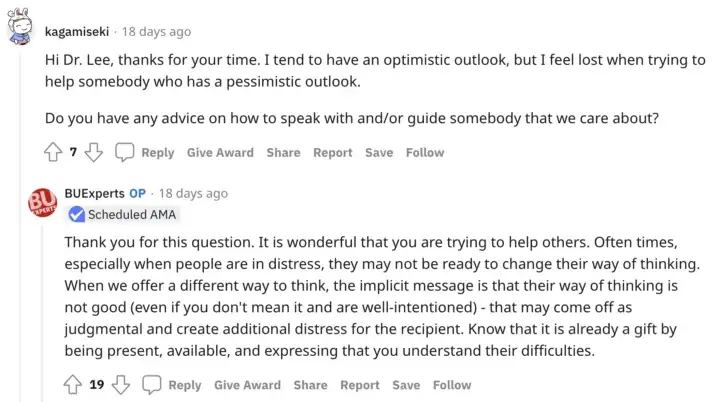 Screenshot of Reddit AMA with user kagamiseki asking for advice on how to speak with and/or guide somebody they care about and Lewina Lee (using the BUExperts login) answering the question.