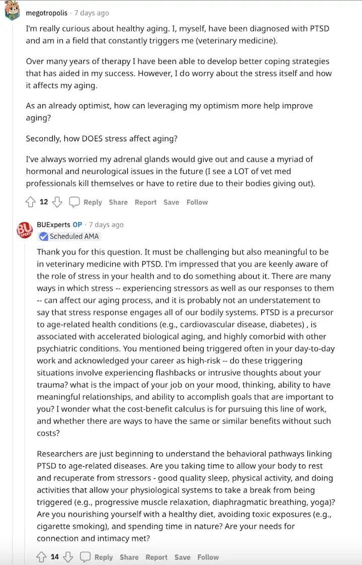 Screenshot of Reddit AMA with user megotropolis asking how leveraging optimism can help improve aging and how does stress affect aging. Lewina Lee (using the BUExperts login) answering the question.