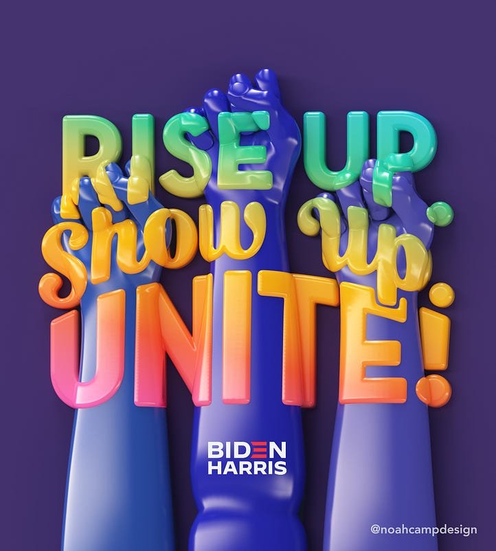 Lettering art of the phrase 'Rise up. Show up. Unite!' by Noah Camp