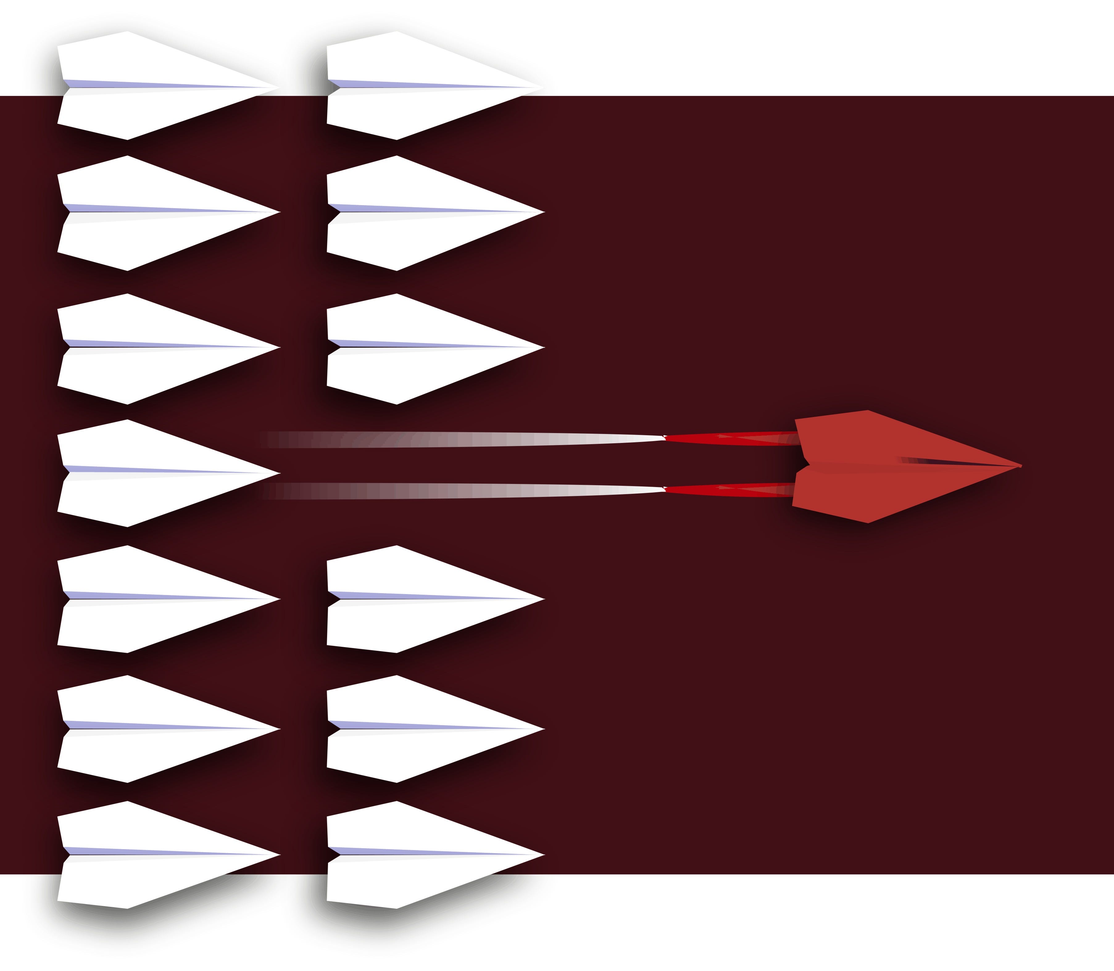 a single red paper airplane in front of a whole ton of white paper airplanes