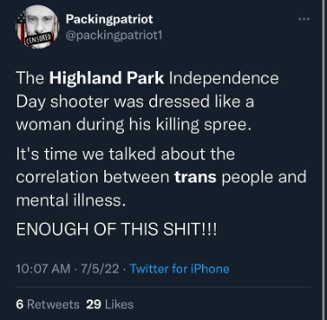 Screenshot of a transphobic Tweet attempting to correlate being transgender with mental illness and violence. (Source: @packingpatriot1/archive)