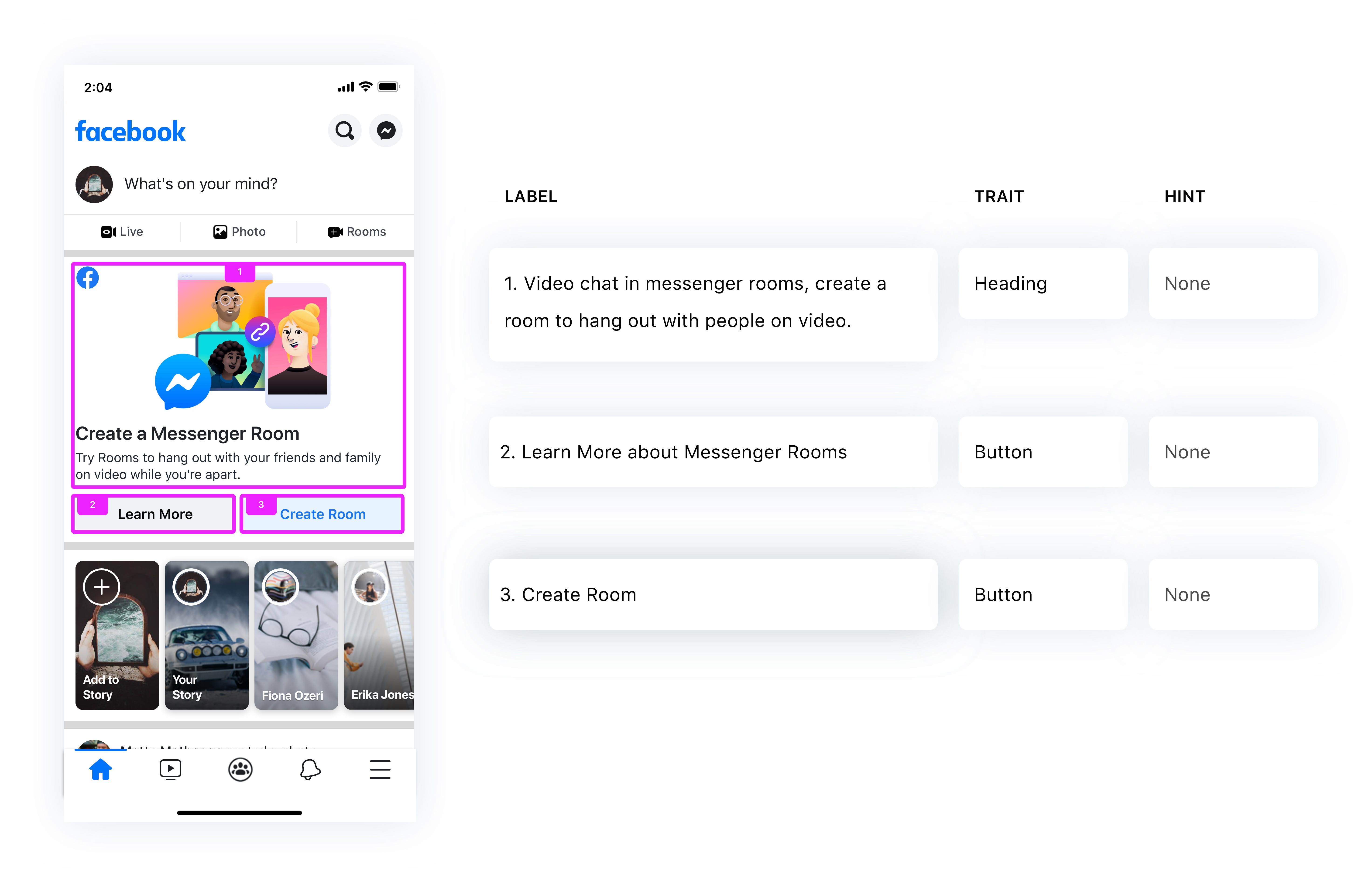 Onboarding screen for Messenger Rooms shows screen reader design specs for labels, traits and hints for three interesting use
