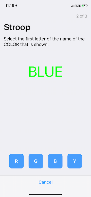 The word blue, written in the color green, with 4 buttons to select the first letter of the name of the COLOR that is show