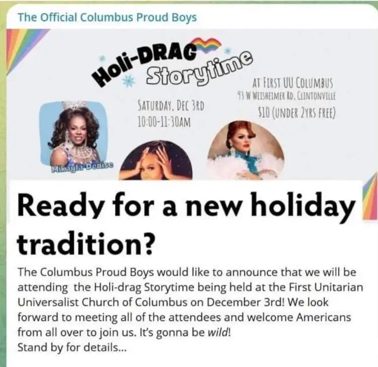 screenshot shows a post saying it is from Ohio Proud Boys scheduling a protest of a children’s drag show upcoming in Columbus, Ohio
