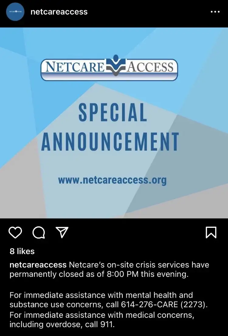 screenshot from the netcare access instagram page shows blue and purple pastels with blue bold lettering reading: special announcement www.netcareaccess.org. the post on IG explains one may call the crisis line or 911