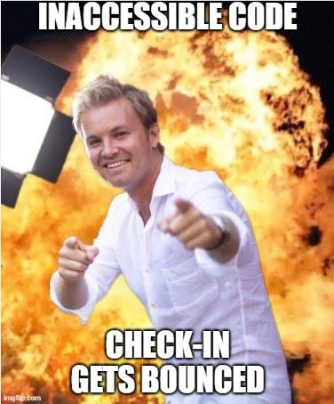 Man in white shirt in front of inferno: text says “Inaccessible Code” and “Checkin gets bounced”