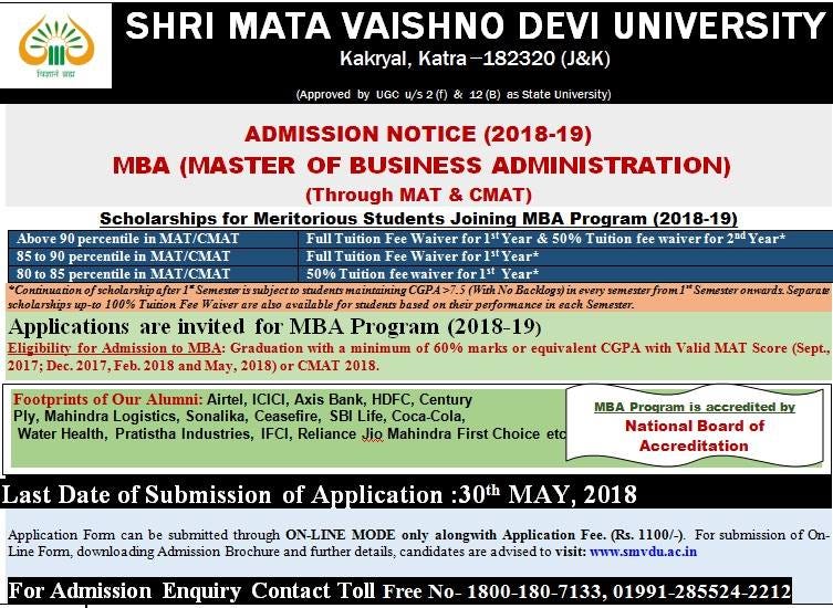 Smvdu Mba College Has Started Mba Admission By Shri Mata Vaishov Devi Unversity Medium