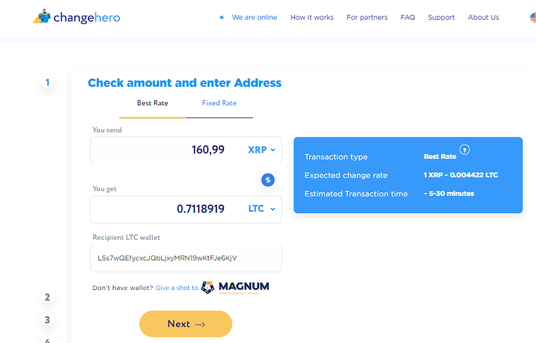 Changehero exchange XRP to LTC