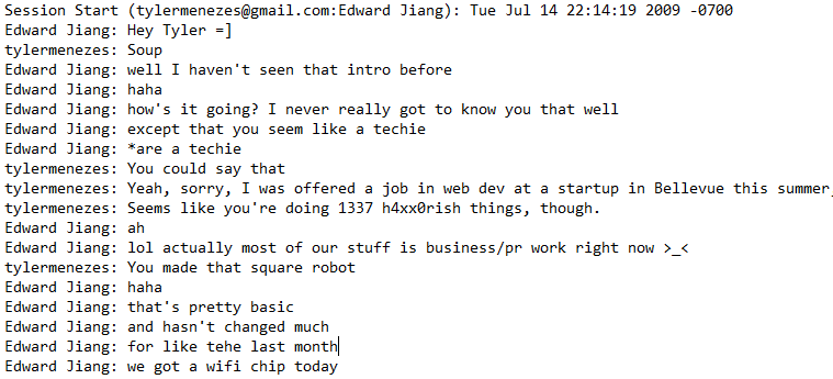 Chat log from early messages between Edward and I.