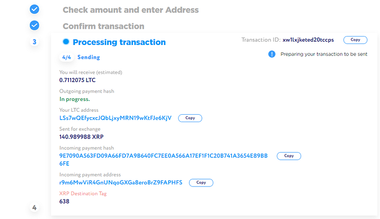 Sending exchanged amount to user