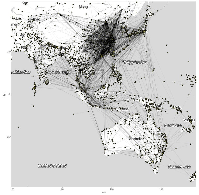 Visualisation of airport connectivities in R using ggmap/ggplot/igraph