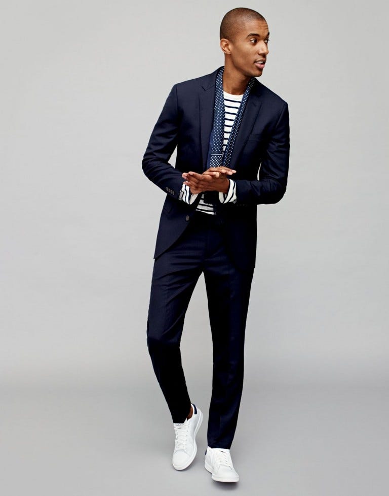 white suit with sneakers