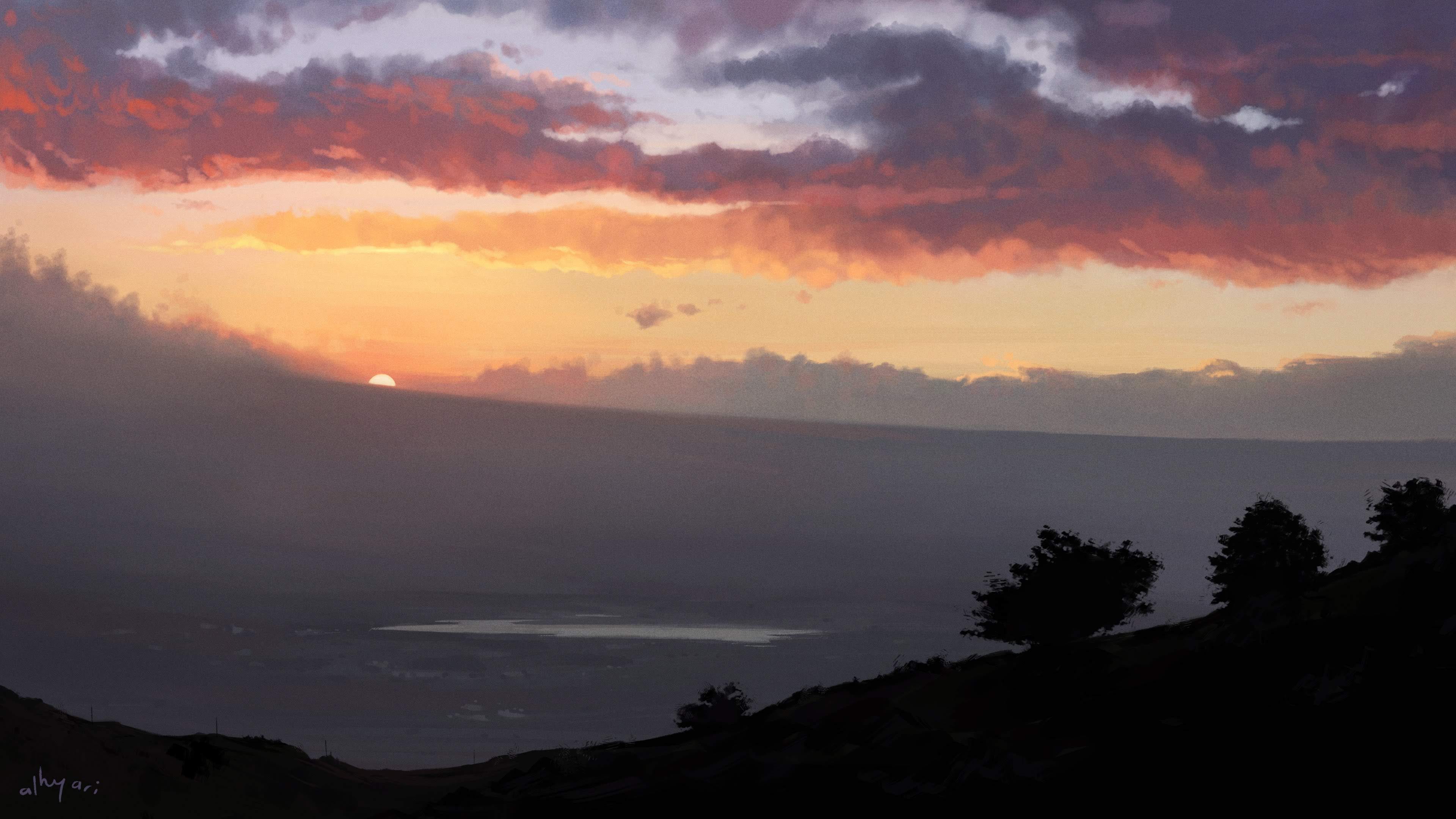 Digital landscape painting of a sunset. It shows the sun going down over Palestine as seen from as-Salt, Jordan.