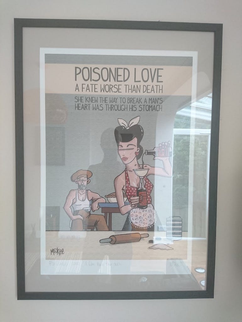 The Pete McKee picture of a women secretly pouring Worcester Sauce into a bottle of Hendos! 