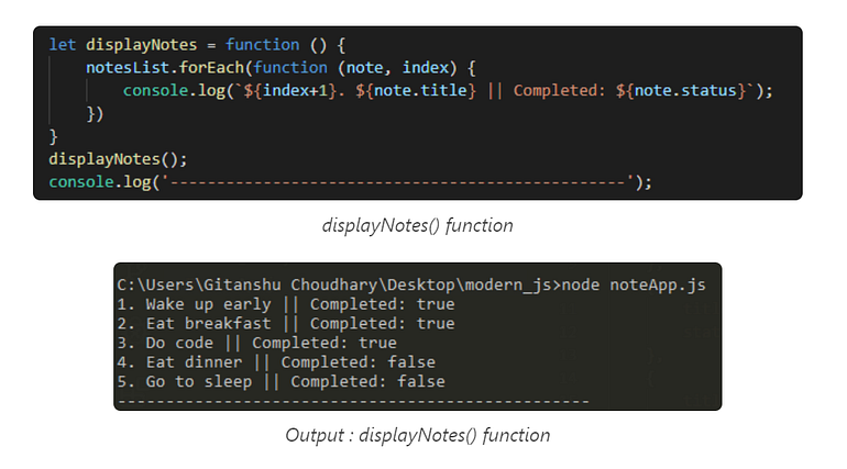 displayNotes() function