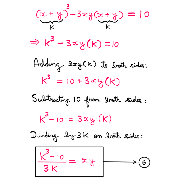 How To Really Solve This Tricky Algebra Problem? (IV) — (x + y)³ — 3xy(x + y) = 10 à k³ — 3xy(k) = 10; Adding 3xy(k) to both sides: k³ = 10 + 3xy(k); Subtracting 10 from both sides: k³ — 10 = 3xy(k); Dividing by 3k on both sides: (k³ — 10)/3k = xy.