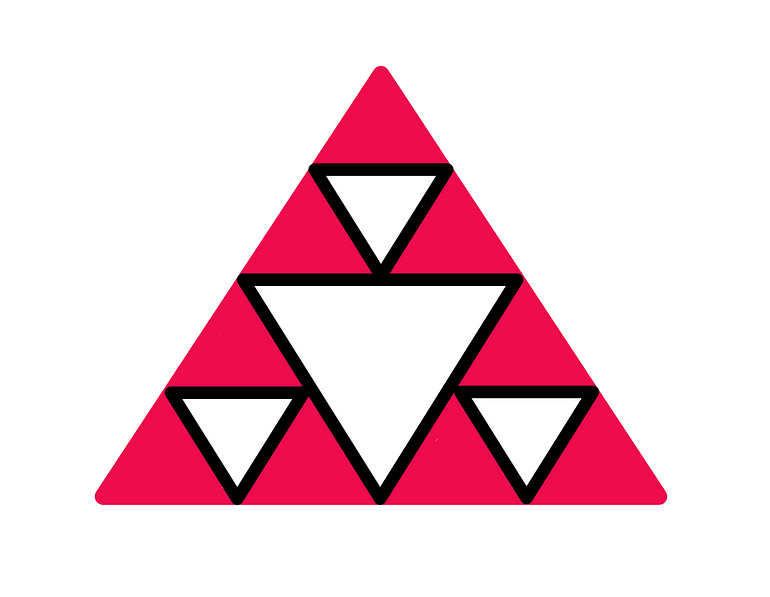 How To Really Understand Fractals? — The three smaller triangles that were shaded pink from the previous image each now have a smaller inverted black triangle splitting them into 4 equal parts. Similar to the previous process, the area contained by the smaller black triangles is now shaded white.