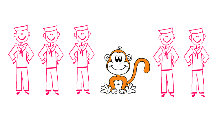 How To Really Solve The Monkey And The Coconuts Puzzle? — An illustrative image with three similing sailors on the left (all identical), the cute baby monkey from before in the middle, and two smililing sailors (both idential) on the right.
