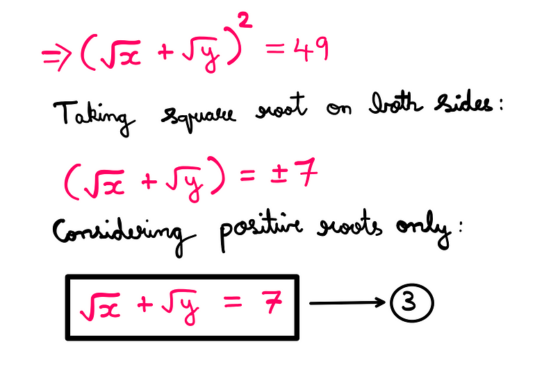How To Really Solve This Tricky Algebra Problem? (VI) — [√(x) + √(y)]² = 49; Taking square-root on both sides: [√(x) + √(y)] = +-7; Considering positive roots only: √(x) + √(y) = 7 → equation-3
