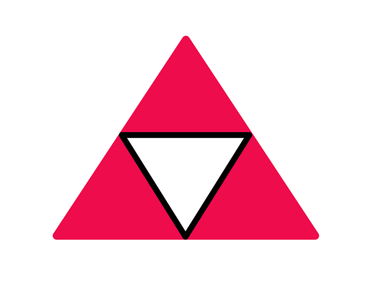 How To Really Understand Fractals? — An illustration showing a smaller inverted trinagle with black borders inside the former pink triangle. The region inside the black bordered triangle seems to be white, while the pink shade remains inside the rest of the bigger triangle. The smaller triangle consequently splits the bigger triangle into four equal parts, out of which three are shaded pink and one is shaded white.