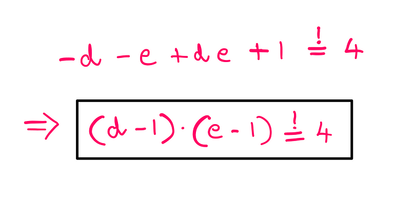 How To Really Solve This Tricky Algebra Problem (VII) — (-d-e+(d*e)+1)=4; (d-1)*(e-1)=4