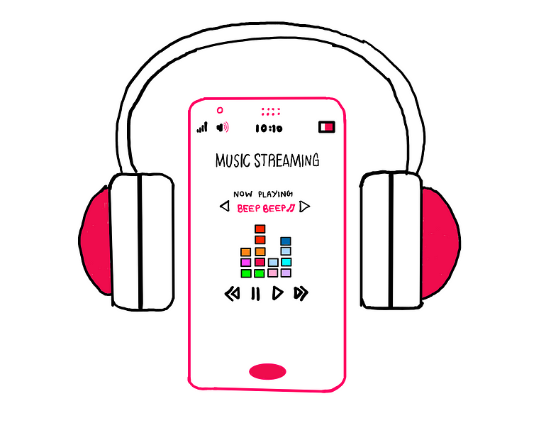 How To Benefit From Computer Science In Real Life (II) — An illustration that shows a smartphone with “Music Streaming” on top. At the centre of the screen, a music app seems to be playing “Beep Beep” under “Now Playing”. Musical waves seem to be rising and falling graphically as per the tune. Below this graphic are options to pause, play, fast forward, and fast reverse. Around the smartphone are a pair of wireless over-the-ear headphones placed symmetrically.