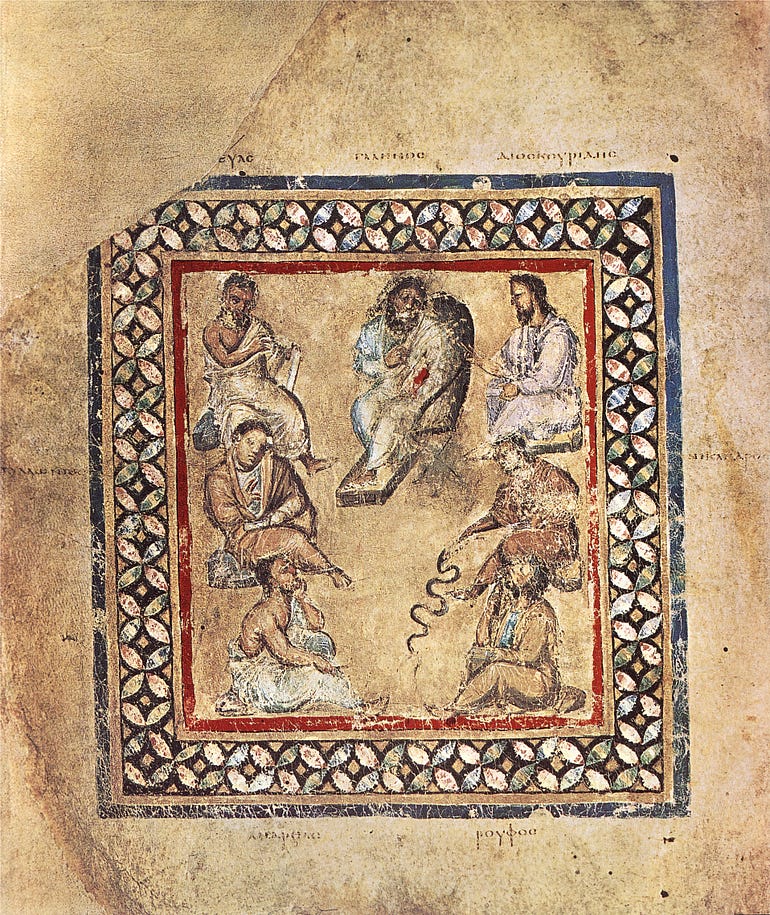  “Galen’s Group,” from the Codex of Vienna Dioscurides (Constantinople around 512 CE). Galen top center. Further clockwise: Pedanios Dioskurides, Nicandros (with snake), Ruphos (Rufus) of Ephesus, Andreas (personal physician of Ptolemy IV Philopator), Apollonios, and Crateuas (fol. 3. verso) [accessed via Wikipedia: https://en.wikipedia.org/wiki/Galen#/media/File:Galenosgruppe_(Wiener_Dioskurides).jpg]. The Ancient Stoics and Epicureans offered up a sort of ‘telemedicine’ of their own: their treatises to their dispersed students.
