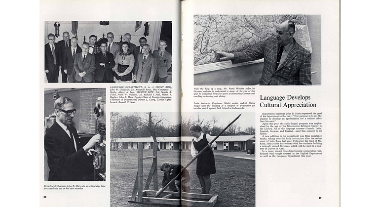  Latin Instructor Constance Marks assists a Latin student with building his catapult. (Culver Roll Call 1972)