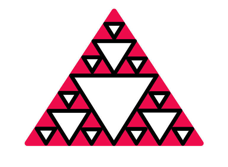 How To Really Understand Fractals? — The process of splitting the smalelr pink shaded triangles into 4 equal parts, out of which the one central part is shaded in white is repeated once more. As a result, we now have 27 shaded small triangles, while the rest of the area is white.