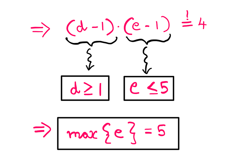 (d-1)*(e-1)=4; d>= 1 and e<=5; Therefore, max{e}=5.