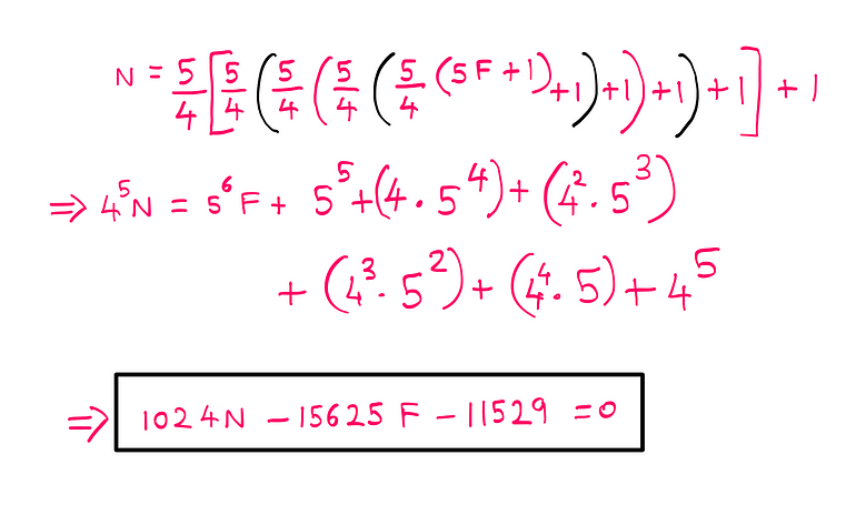 How To Really Solve The Monkey And The Coconuts Puzzle? — N = 5/4[5/4(5/4(5/4(5/4(5F+1)+1)+1)+1)+1]+1; This imples: 4⁵N = 5⁶F + 5⁵+(4*5⁴)+(4²*5³)+(4³*5²)+(4⁴*5)+4⁵; This implies: 1024N — 15625F — 11529 = 0