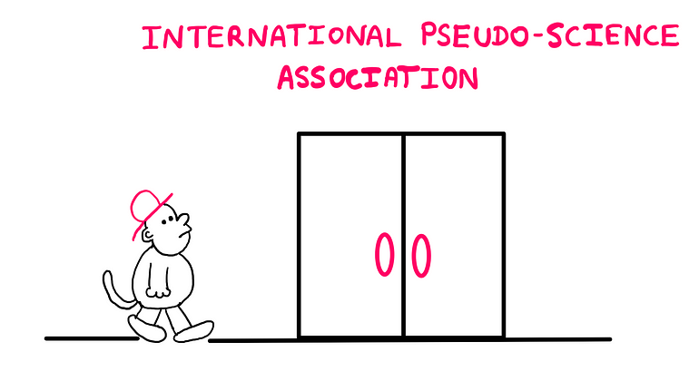 Solomon's Paradox: Do You Really Take Your Own Advice? An illustration showing a well dressed monkey with a hat walking towards a grand entrance with the sign “International Pseudo-Science Association” written on top of it.