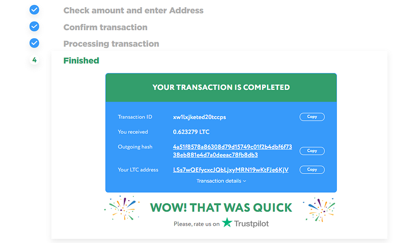 Successful transaction screen on ChangeHero