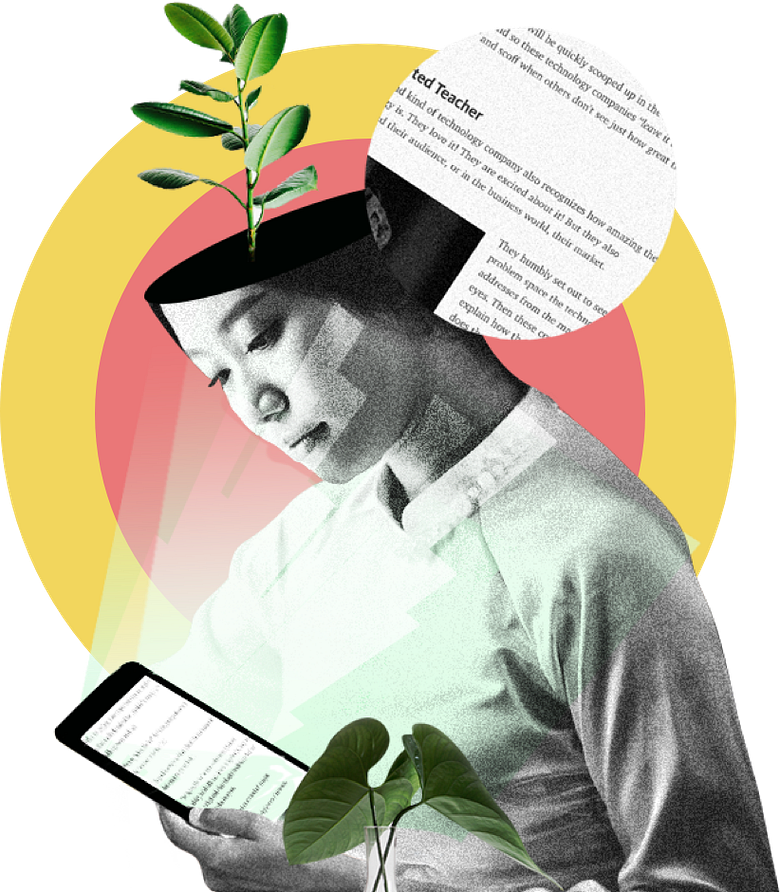 image of woman with a plant growing from her head reading a medium post on her tablet
