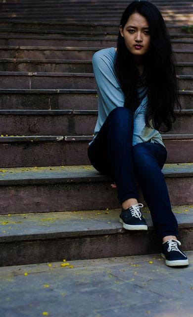 Girl, stone steps, long hair, black, fashion, pensive