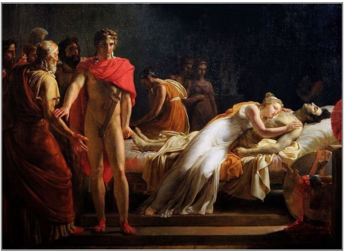 Briseis, Patroklos'un ölü bedenine sarılıp yas tutarken, Briseis mourning Patroclus — Léon Cogniet (1794–1880)
