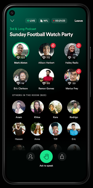 Screenshot of Spotify Greenrooms mobile app