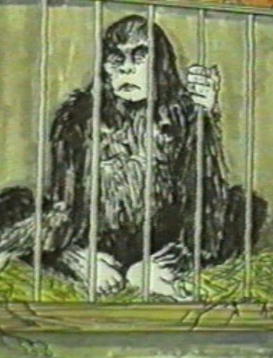 A drawing of a small apelike creature sitting inside a cage of some sort