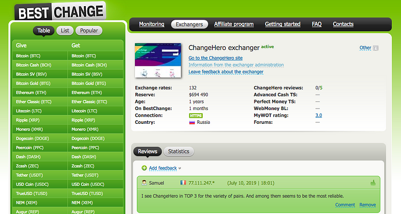 ChangeHerp Exchanger page on BestChange