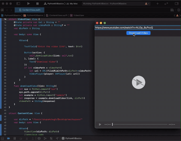 macOS SwiftUI Video player application in action. It runs a python script from Swift