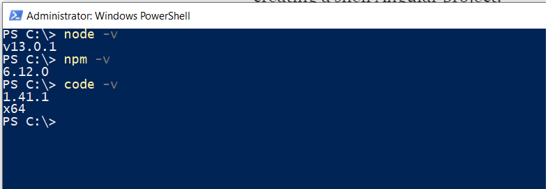Windows PowerShell that checks for the installed version of VScode, npm and nodejs.