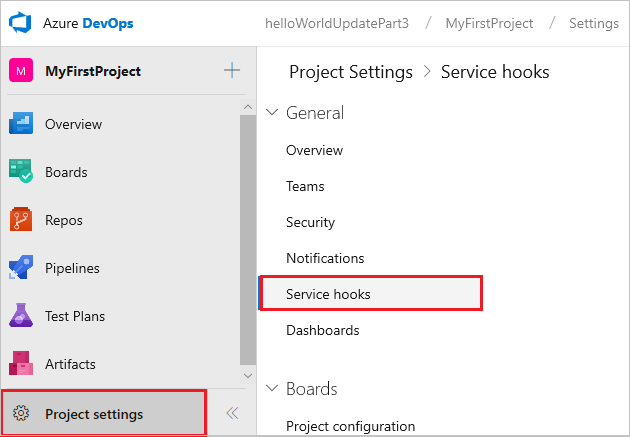 Project settings and service hooks selection