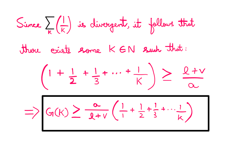 Ant On A Rubber Rope Paradox — How To Solve It? — Since Sigma(1/K) is divergent, it follows that there exists some k element of N such that (1 + ½ + 1/3 + ¼ + … + 1/k) ≥ (l+v)/a. Therefore, G(K) ≥ [a/(l + v)]*(1 + ½ + 1/3 + ¼ + … + 1/k).