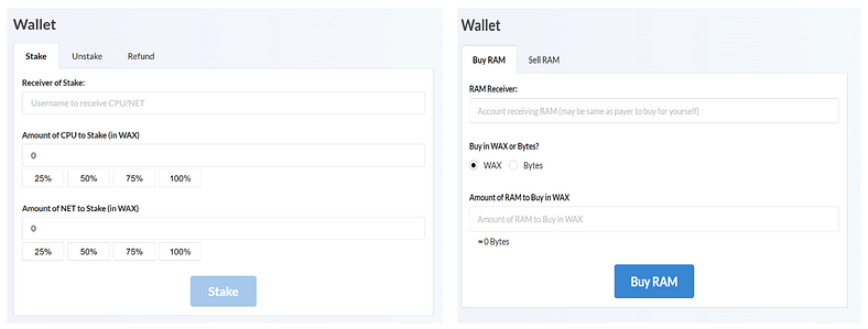 Login https://wax.bloks.io/wallet/resources/ pour stake/unstake CPU et NET ou acheter/vendre de la RAM