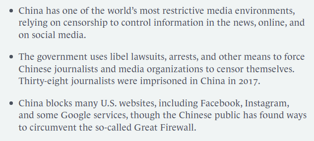 China's surveillance media practices of blocking US sites and media control is mentioned.